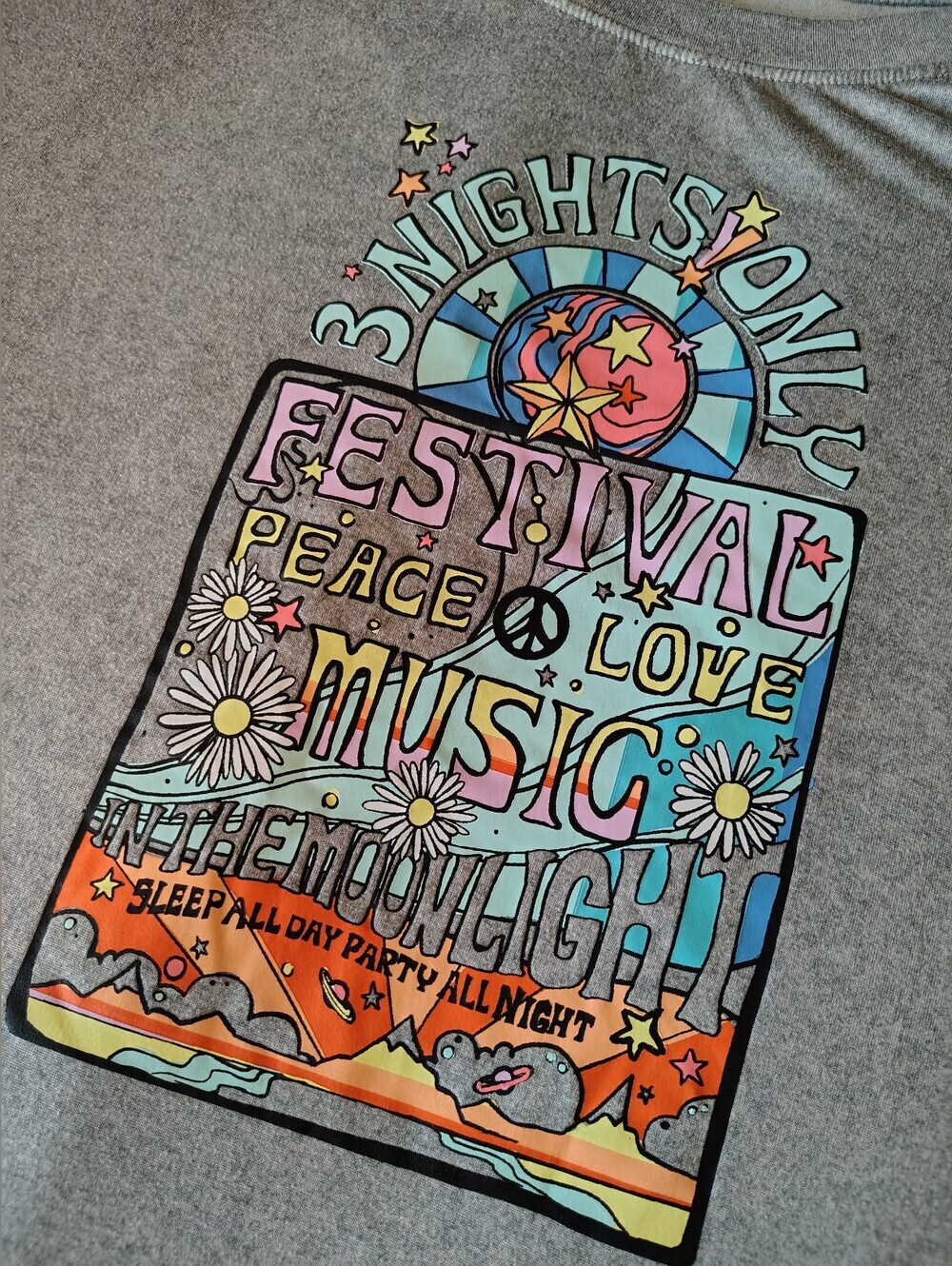 Peace Love Music Festival "Sleep All Day Party All Night" Gray Tee Women Small